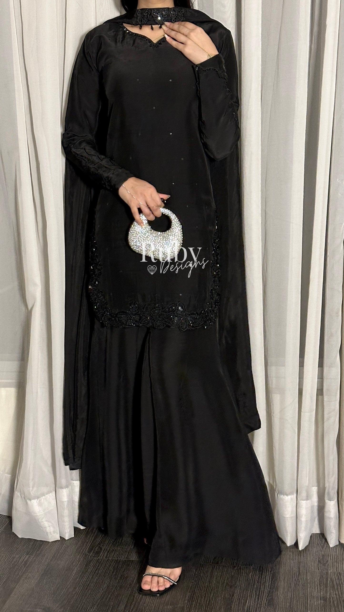 PRE-ORDER (not for immediate dispatch) - LIYANA - 3 Piece Black Luxury Silk Suit with Cutdana Handwork