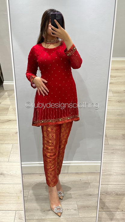 EXCLUSIVE SAMPLE - 3 Piece Red Chiffon Suit with Jamawar Trousers (8746850123989)