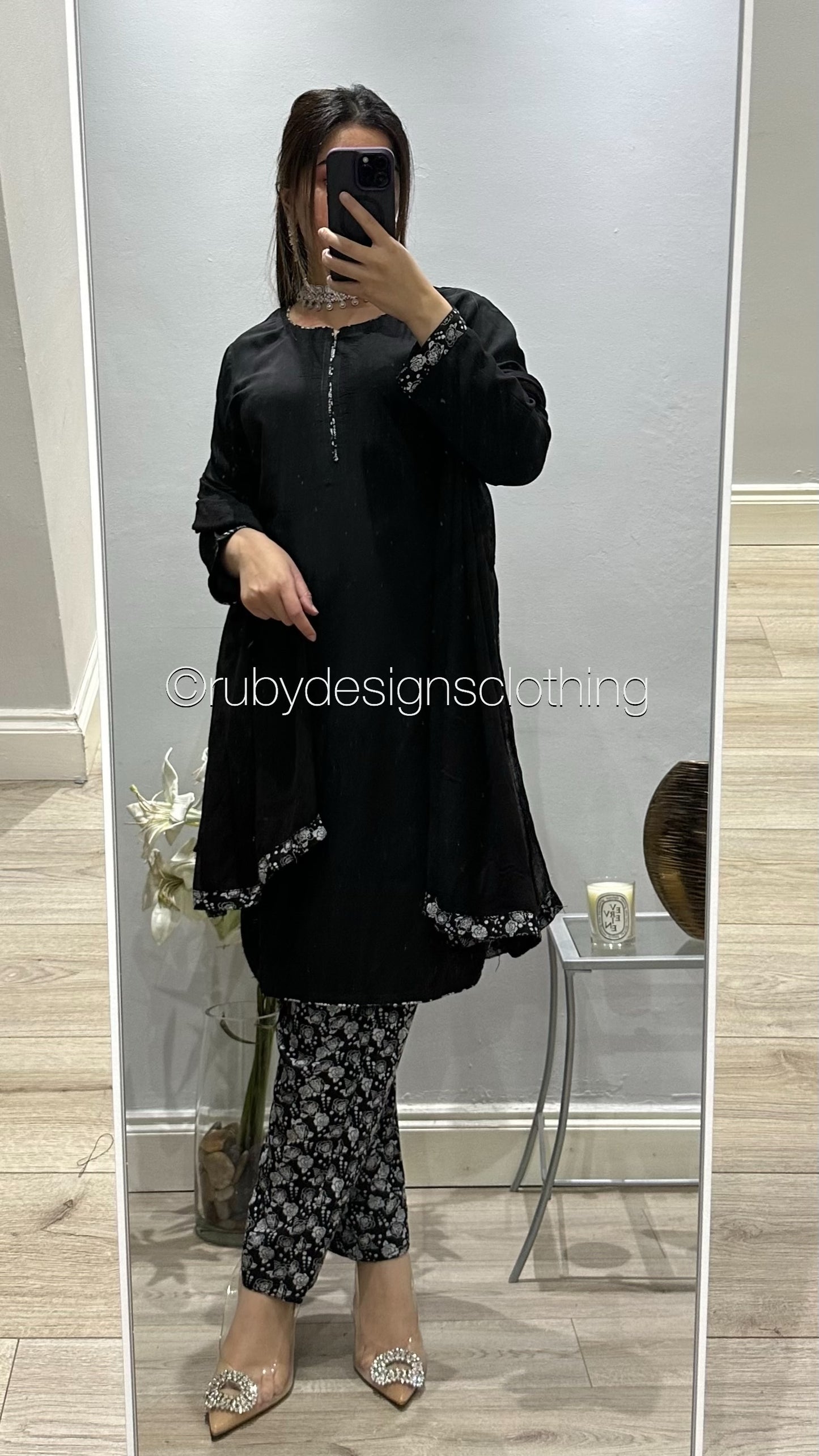 3 Piece Black Linen Suit with Printed Shalwar (8746822369493)