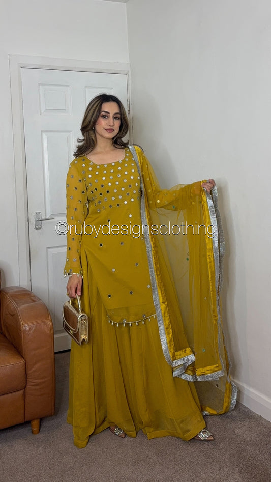 AMREEN Mustard - EXCLUSIVE 3 Piece Chiffon Sharara with Mirror Work