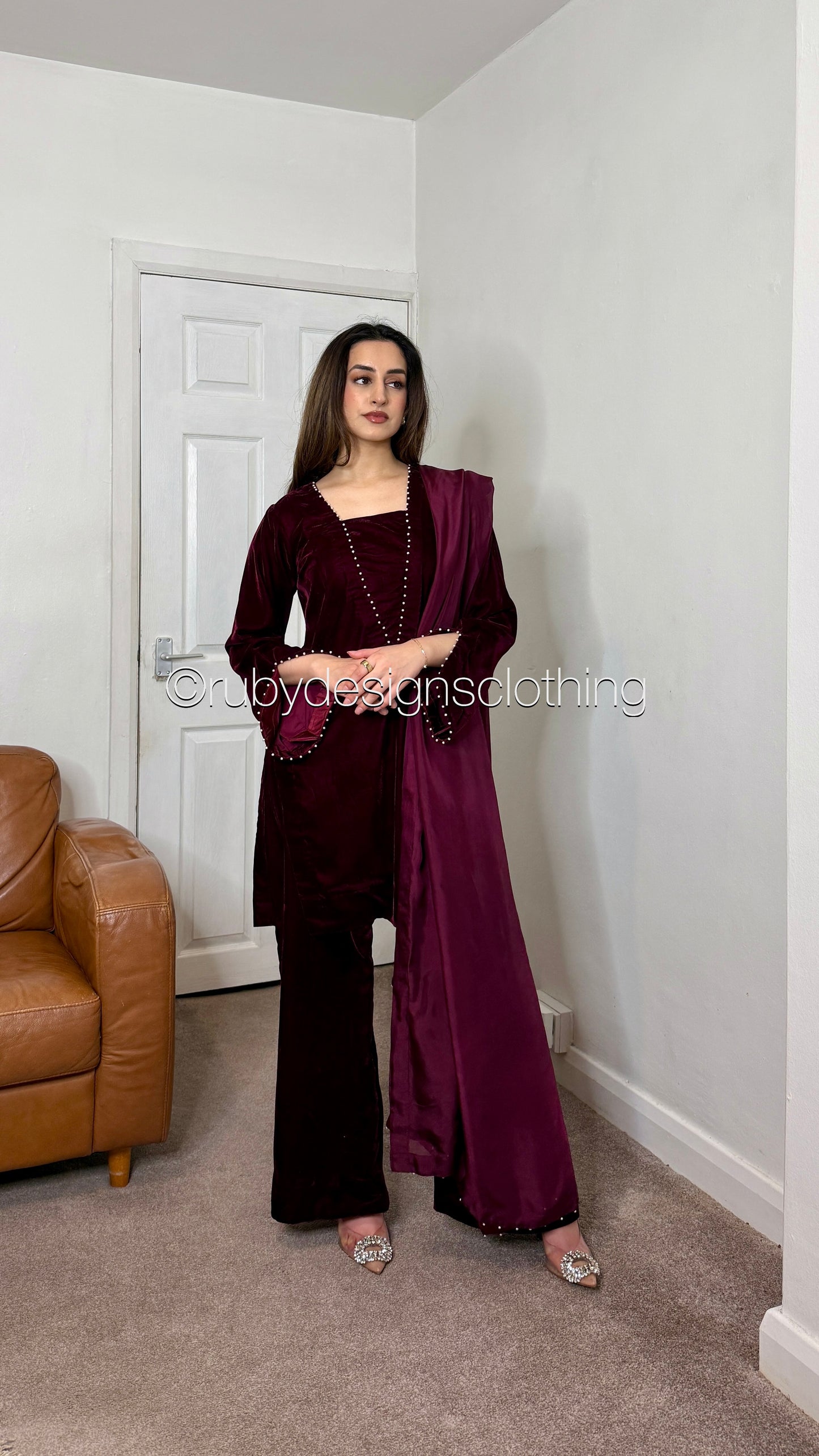 ANUM - 3 Piece Maroon Luxury Velvet Suit with Pearls