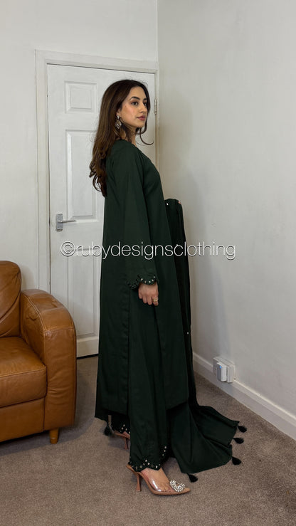 HANIA - 3 Piece Forest Green Marina Suit with Shawl