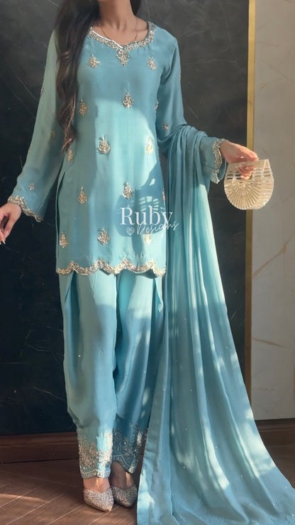 ATIFA Sky - 3 Piece Silk Suit with Shalwar