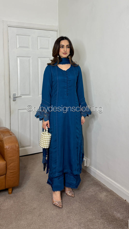 MINHA Teal - 3 Piece Chiffon Suit with Cutwork