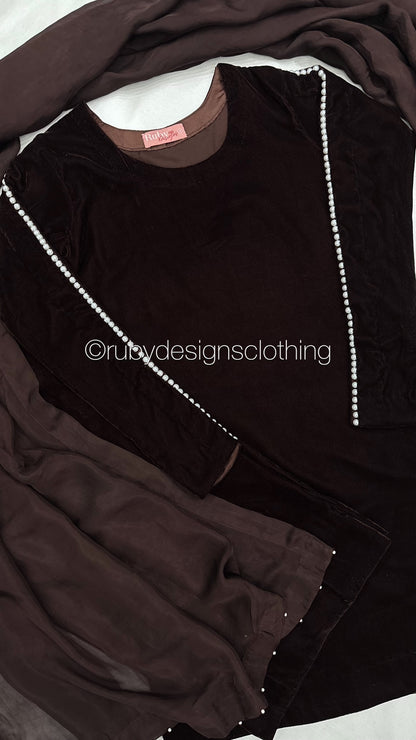 ADILA - 3 Piece Deep Brown Luxury Velvet Suit with Pearls
