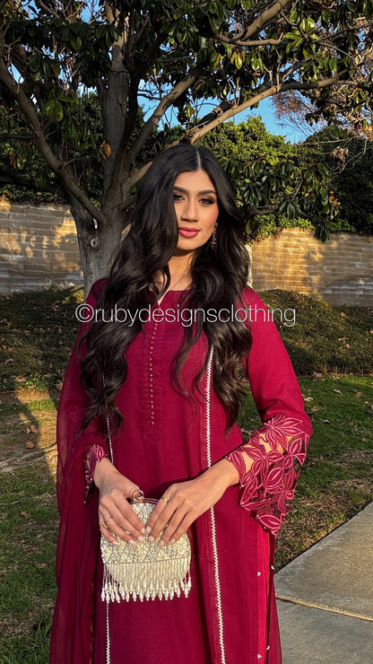 NAILA Berry - 3 Piece Chiffon Suit with Cutwork Detail