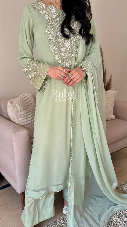 AREEN Mint - 3 Piece Chiffon Suit with Pearl and Stone Handwork