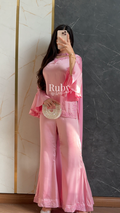KAREENA Pink - 3 Piece Silk Suit with Crystal Choker Dupatta