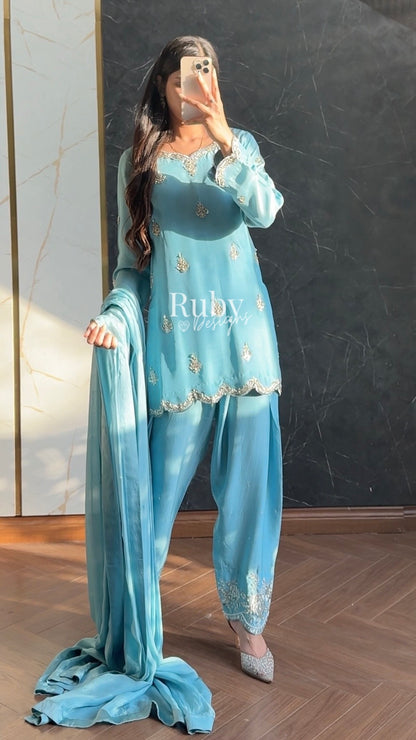 ATIFA Sky - 3 Piece Silk Suit with Shalwar
