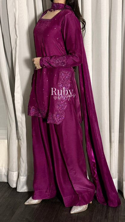 PRE-ORDER (not for immediate dispatch) - SAHARA - 3 Piece Magenta Luxury Silk Suit with Cutdana Handwork