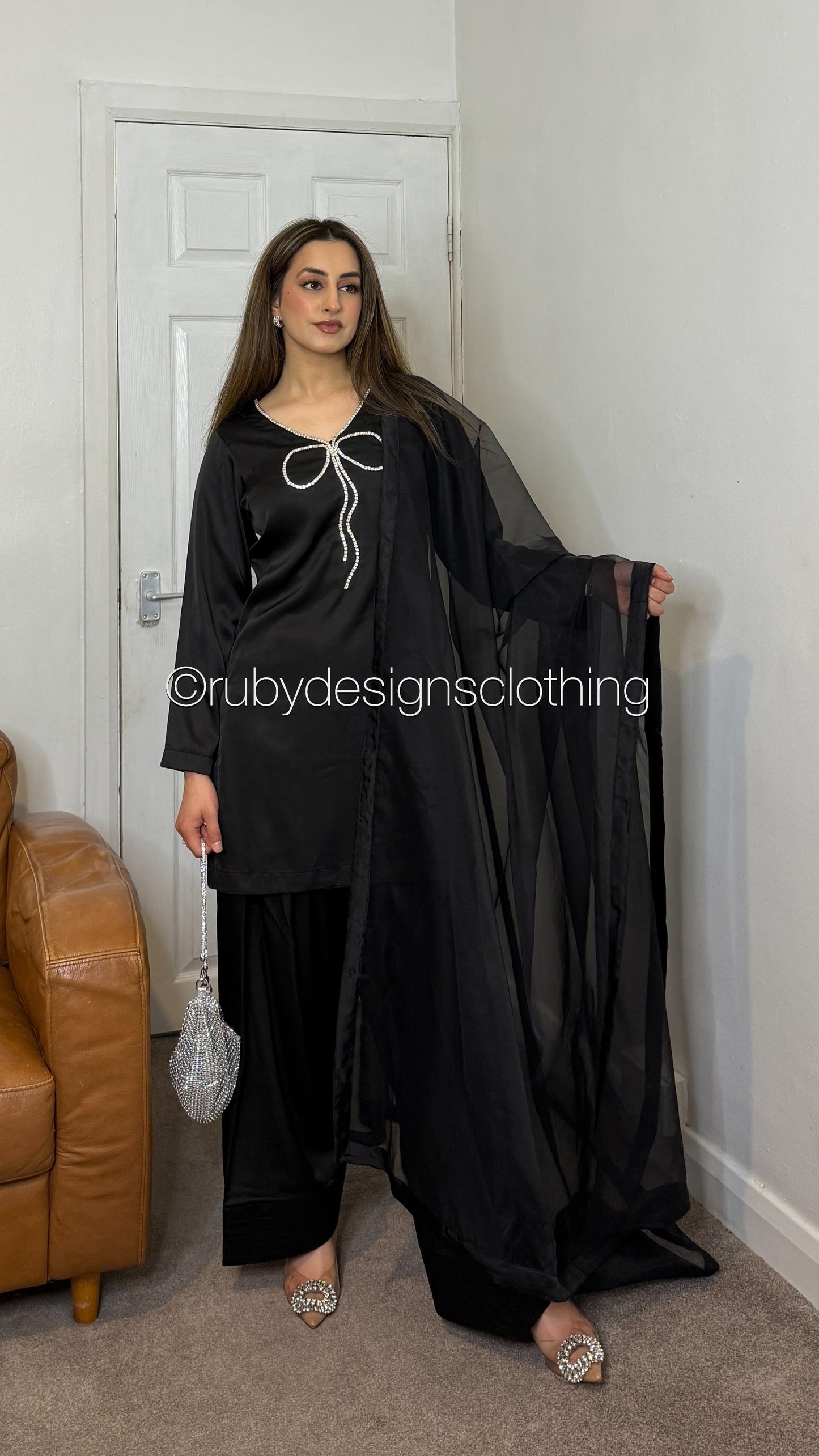 ZARA Noir - 3 Piece Silk Suit with Farshi Shalwar and Bow Detail