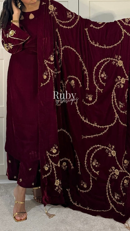 RAISA Cherry - 3 Piece Luxury Velvet Suit with Heavy Embellished Shawl