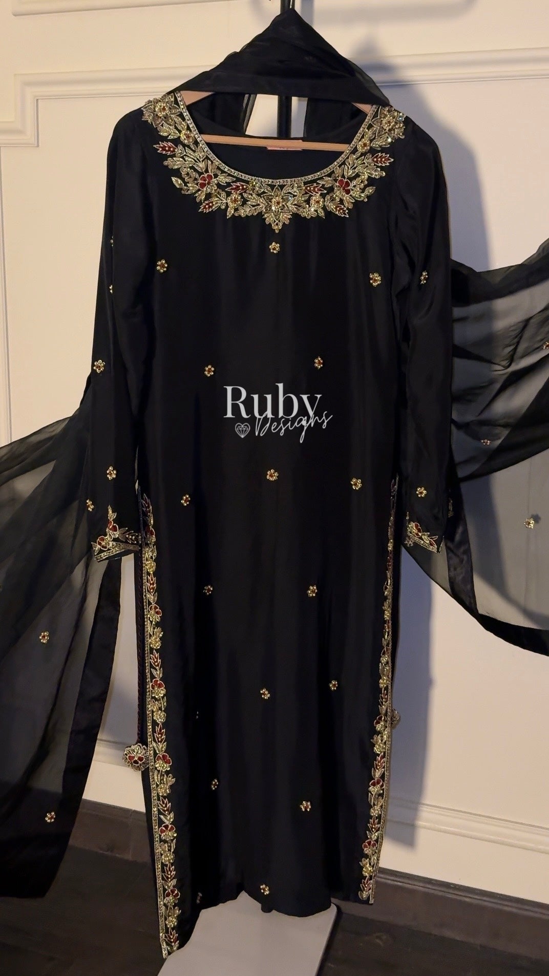 MEHRA - 3 Piece Black Silk Suit with Organza Dupatta