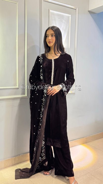 AZIZA - 3 Piece Luxury Velvet Suit with Mukaish Work