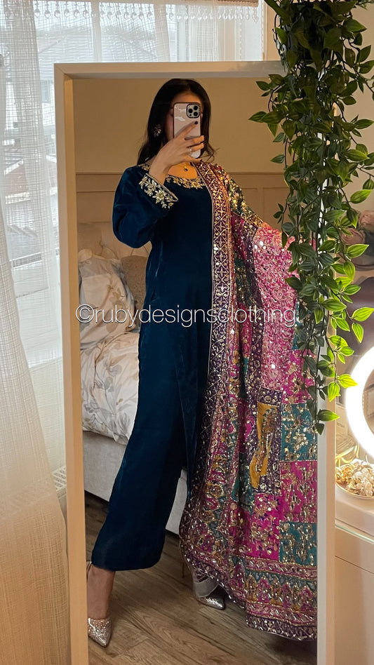 NADIRA - 3 Piece Luxury Velvet Suit with Heavy Mirror Shawl