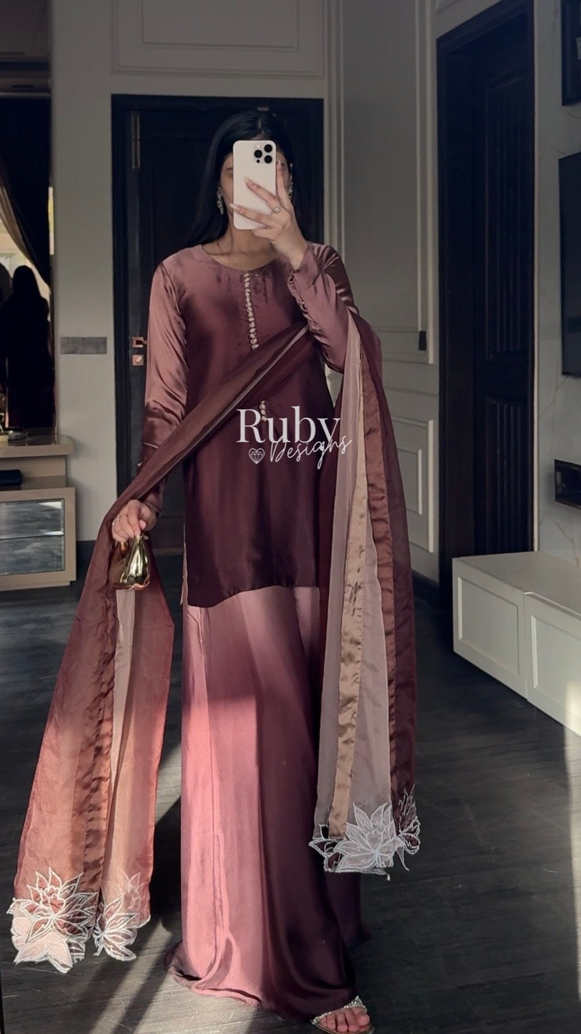 FIHA Mocha - 3 Piece Ombrè Silk Suit with Flowy Wide Pants