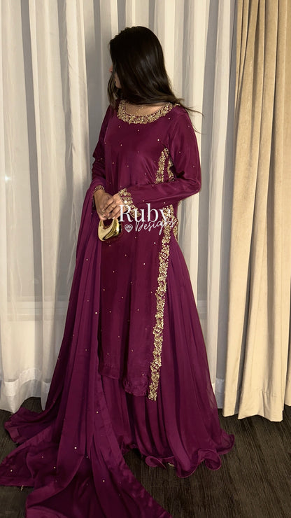 ZAINA Mulberry - 3 Piece Silk Suit with Gold Handwork
