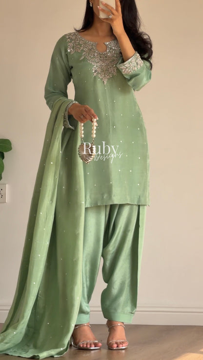 MARWA - 3 Piece Sage Green Silk Suit with Shalwar