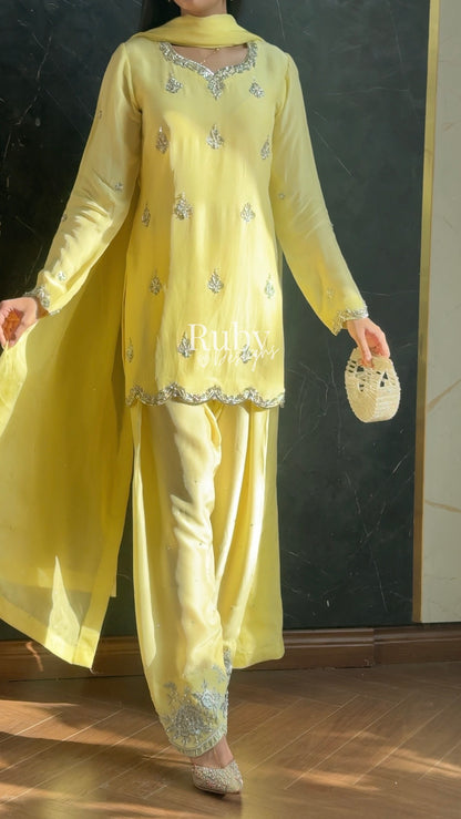 ATIFA Butter - 3 Piece Silk Suit with Shalwar