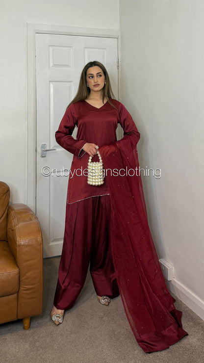 LAYLA Dusk - 3 Piece Silk Suit with Farshi Shalwar and Silver Gota Trim