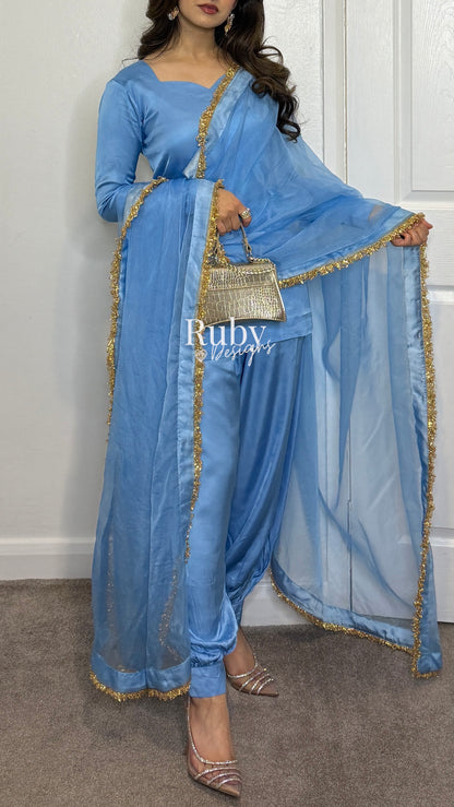 AMELLE Blue - 3 Piece Silk Suit with Balloon Pants