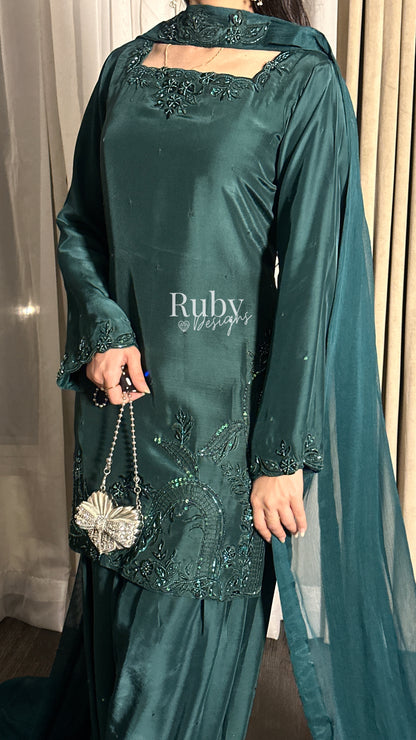 LARA Emerald - 3 Piece Luxury Silk Suit with Cutdana Handwork