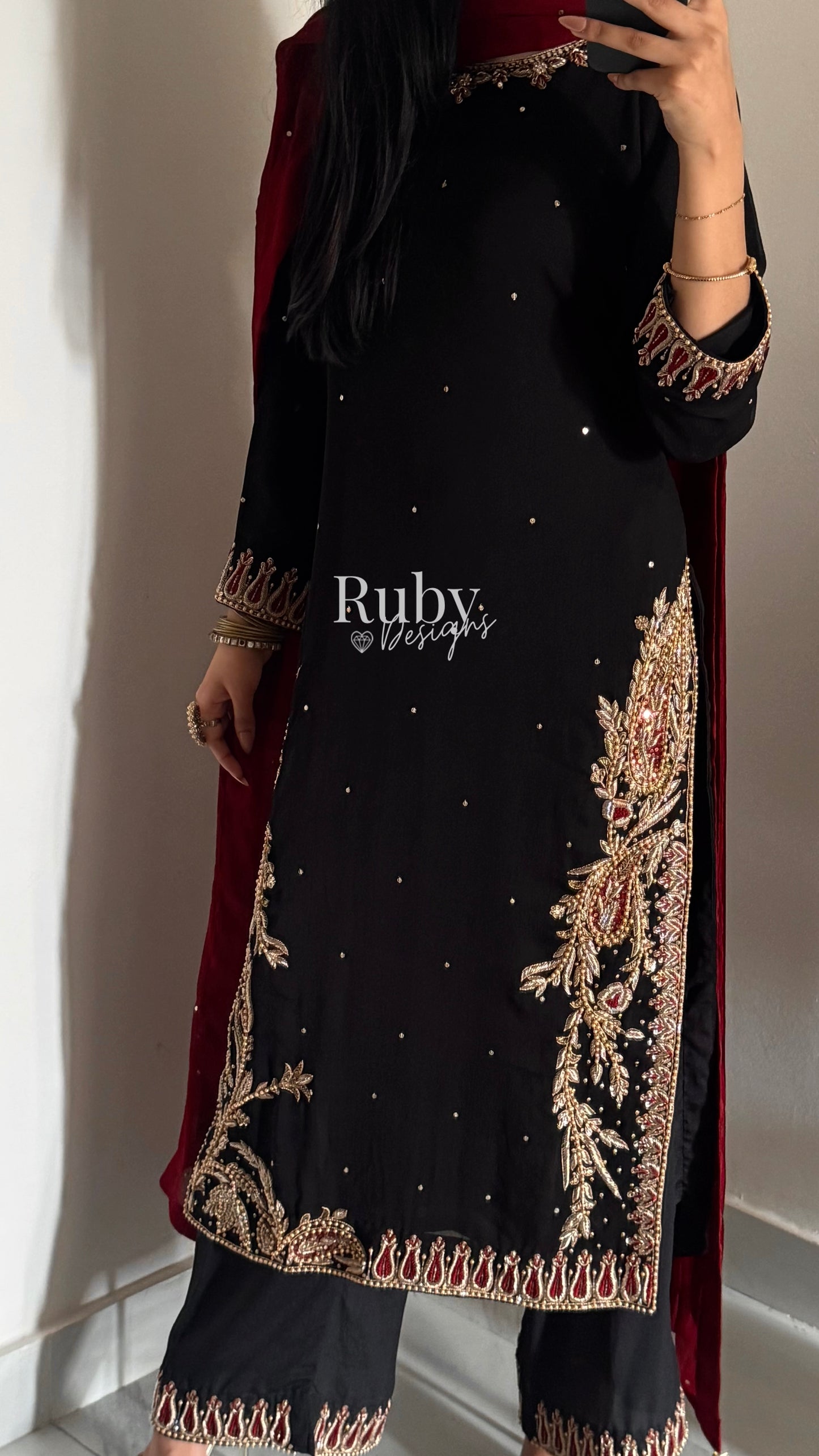 MEHRUNNISA - 3 Piece Black Chiffon Suit with Gold Handwork