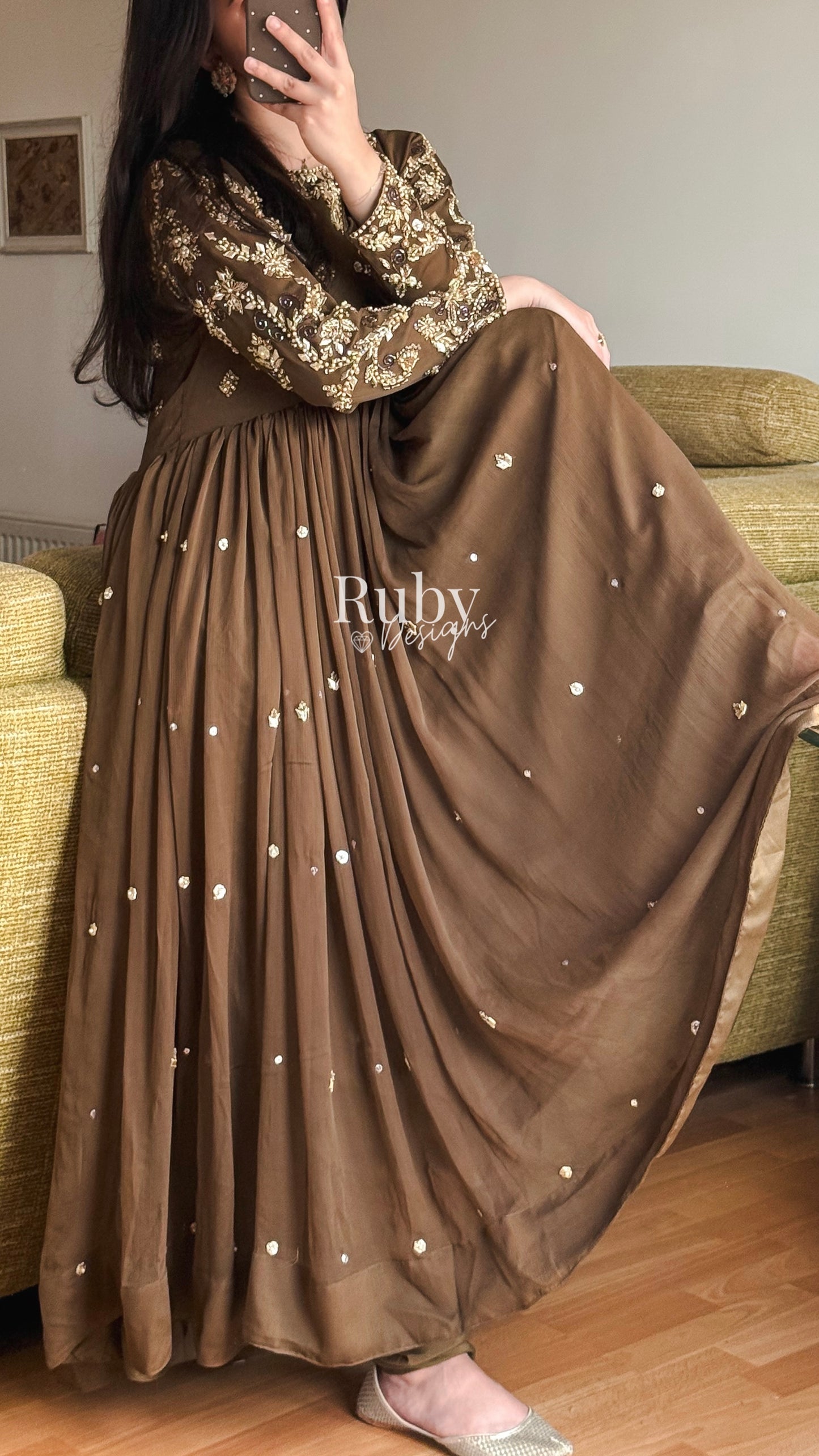 NAYRA Style 1 (Dress) - 3 Piece Khaki Chiffon Dress with Kiran Lace Dupatta and Churidaar Trousers