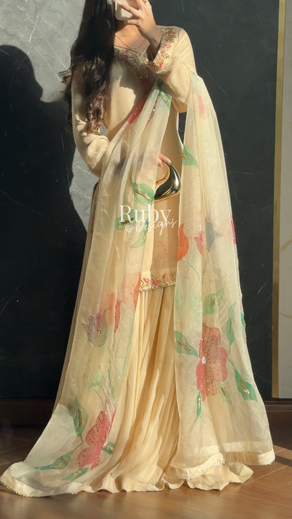 ZAIRA Dune - 3 Piece Chiffon Sharara Suit with Hand Painted Dupatta