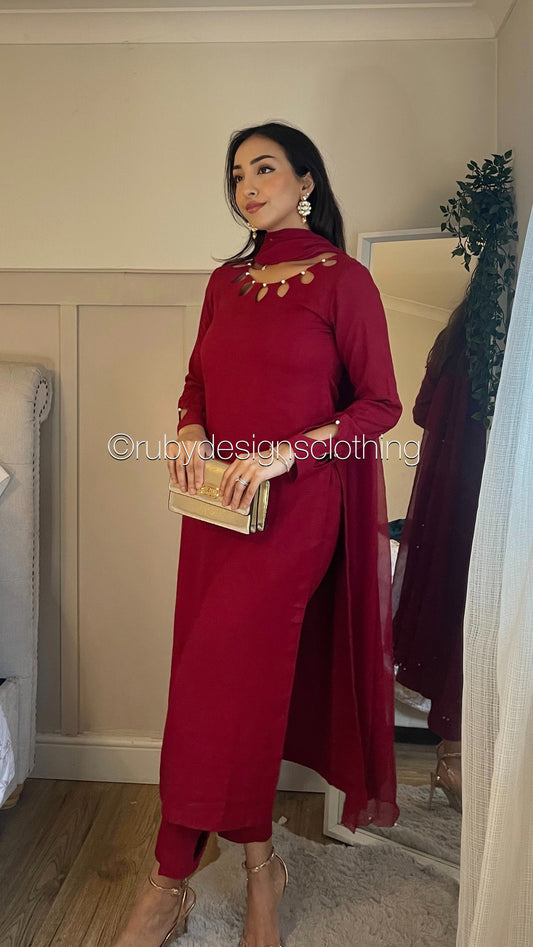 NUHA- 3 Piece Red Linen Suit with Chiffon Dupatta