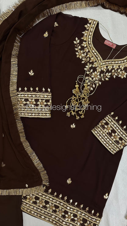 SAJAL Cocoa - 3 Piece Chiffon Suit with Farshi Shalwar and Gota Handwork