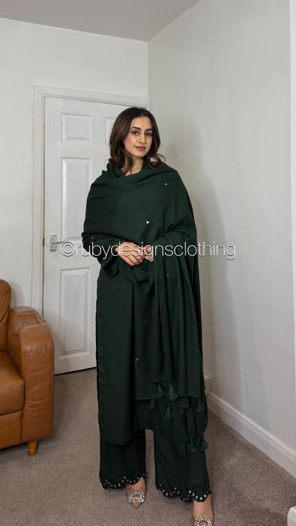 HANIA - 3 Piece Forest Green Marina Suit with Shawl