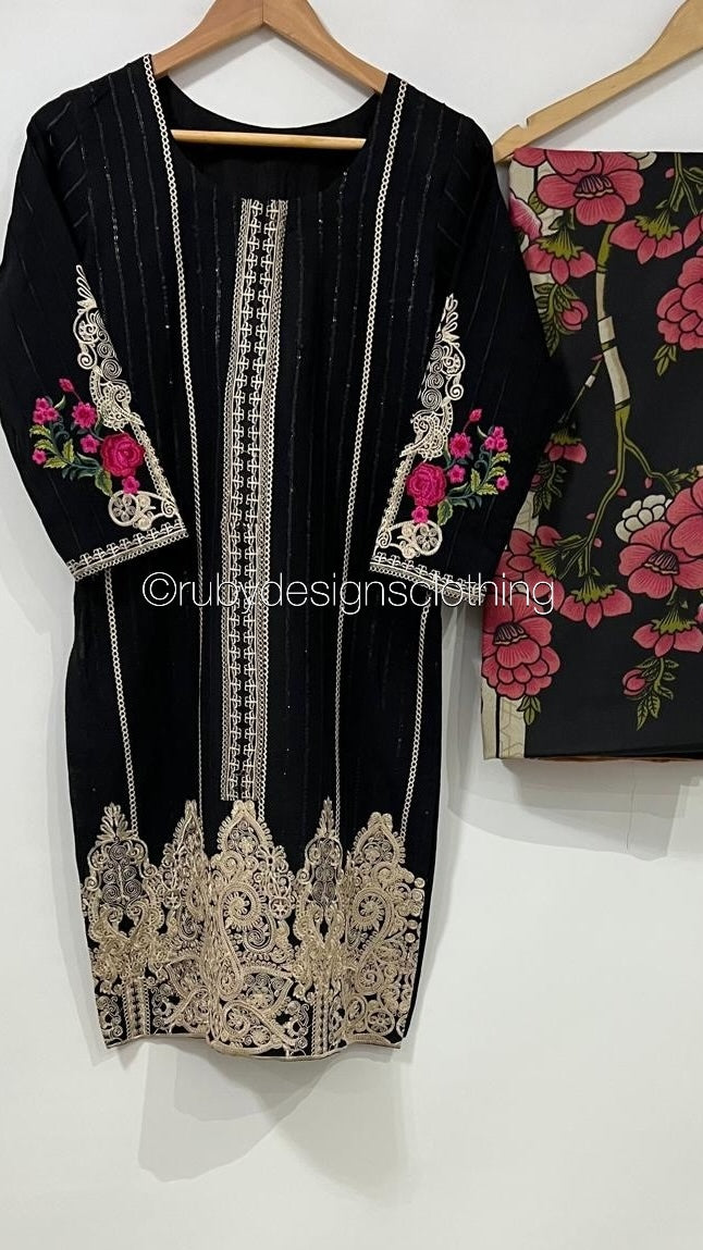 3 Piece Black Khaddar Suit with Shawl (8747218338005)