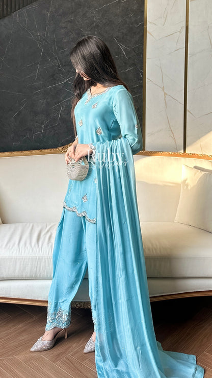 ATIFA Sky - 3 Piece Silk Suit with Shalwar
