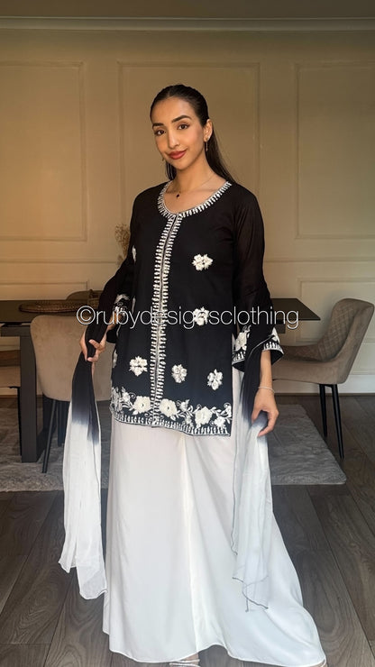 RAYA Noir  - 3 Piece Swiss Lawn Suit with Flowy Wide-Leg Pants