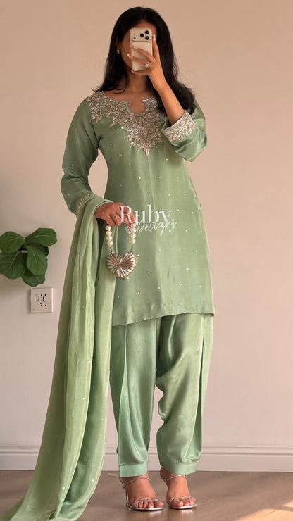 MARWA - 3 Piece Sage Green Silk Suit with Shalwar