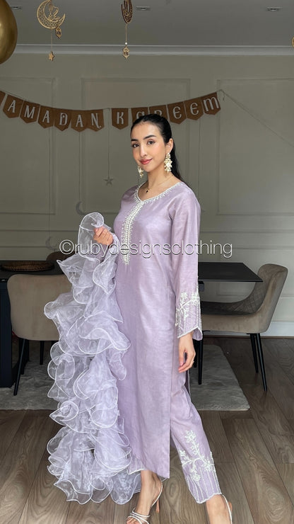 MIRAY Lilac - 3 Piece Luxury Korean Raw Silk Suit with Ruffle Dupatta