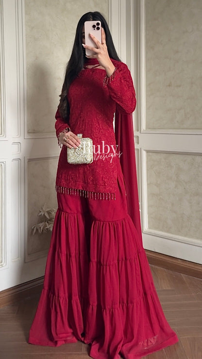 FARYAL Rouge - 3 Piece Chiffon Suit with Tiered Sharara