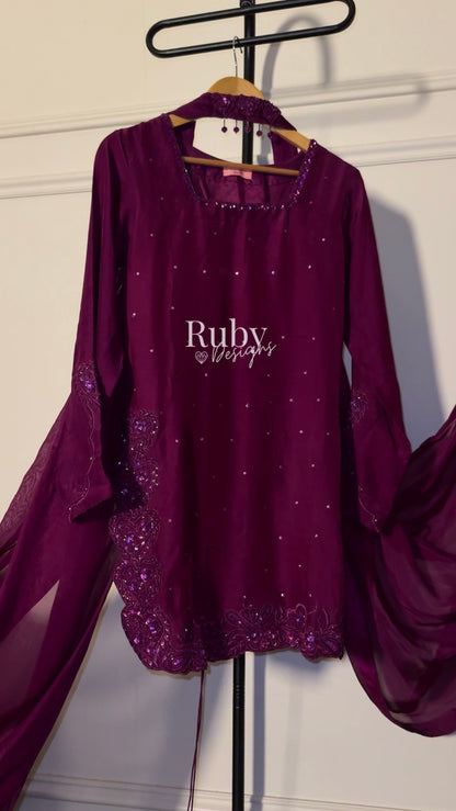 PRE-ORDER (not for immediate dispatch) - SAHARA - 3 Piece Magenta Luxury Silk Suit with Cutdana Handwork