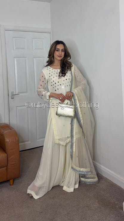 AMREEN Pearl - EXCLUSIVE 3 Piece Chiffon Sharara with Mirror Work