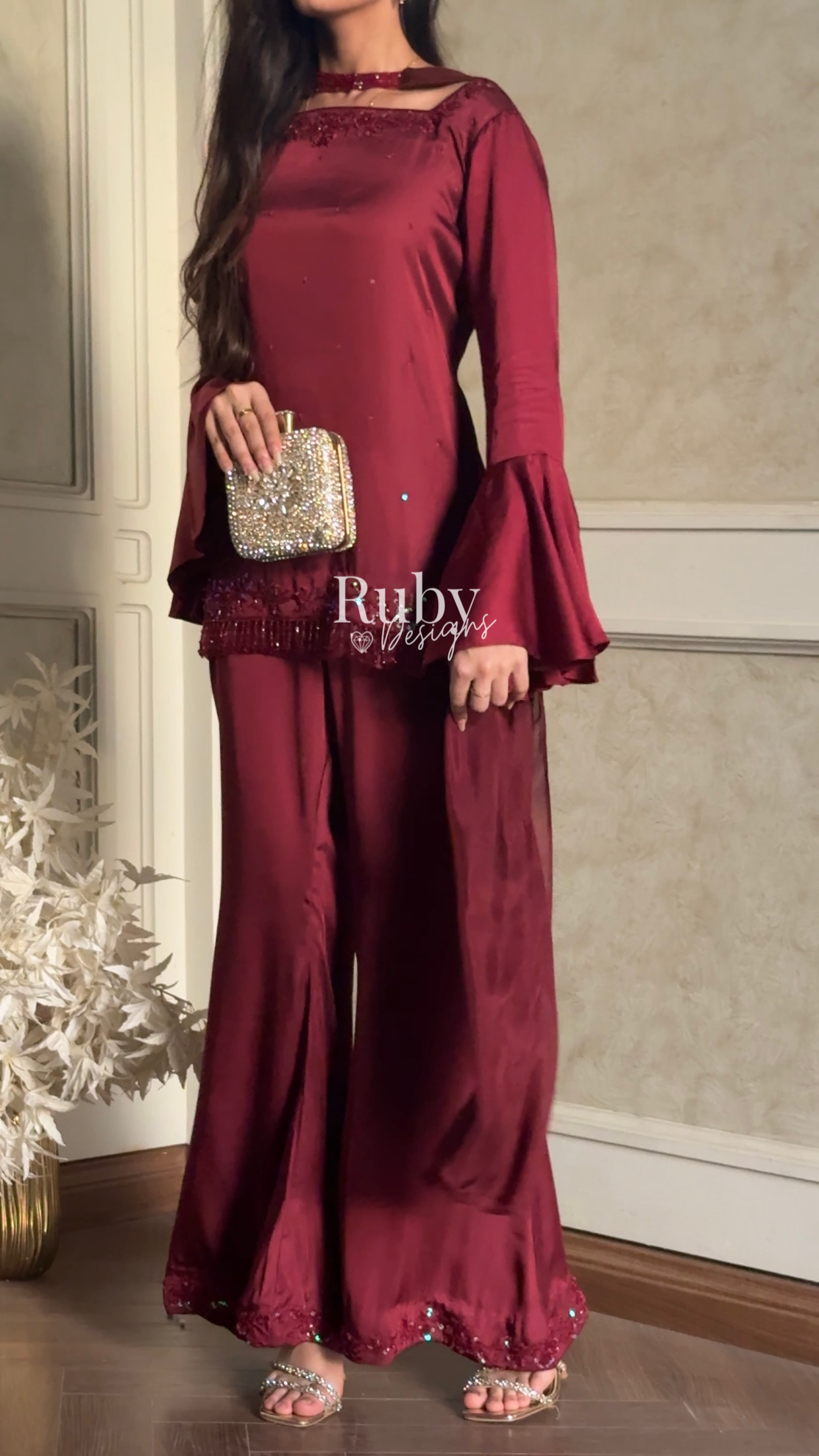 KAREENA Rouge - 3 Piece Silk Suit with Crystal Choker Dupatta