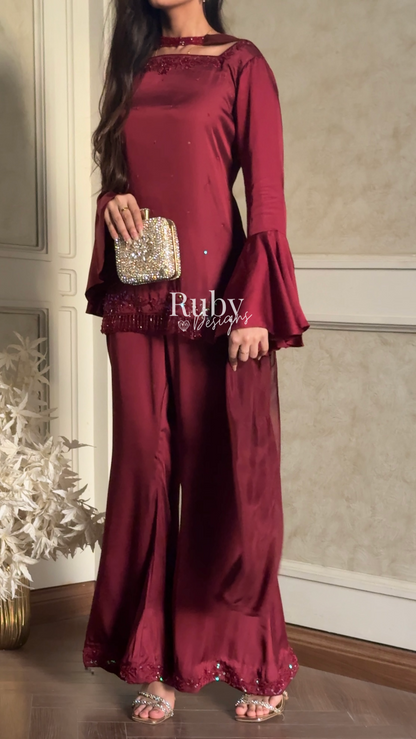 KAREENA Rouge - 3 Piece Silk Suit with Crystal Choker Dupatta