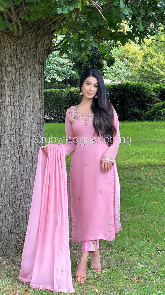 AMBREEN Pink - 4 Piece Chiffon Suit with Gold Handwork