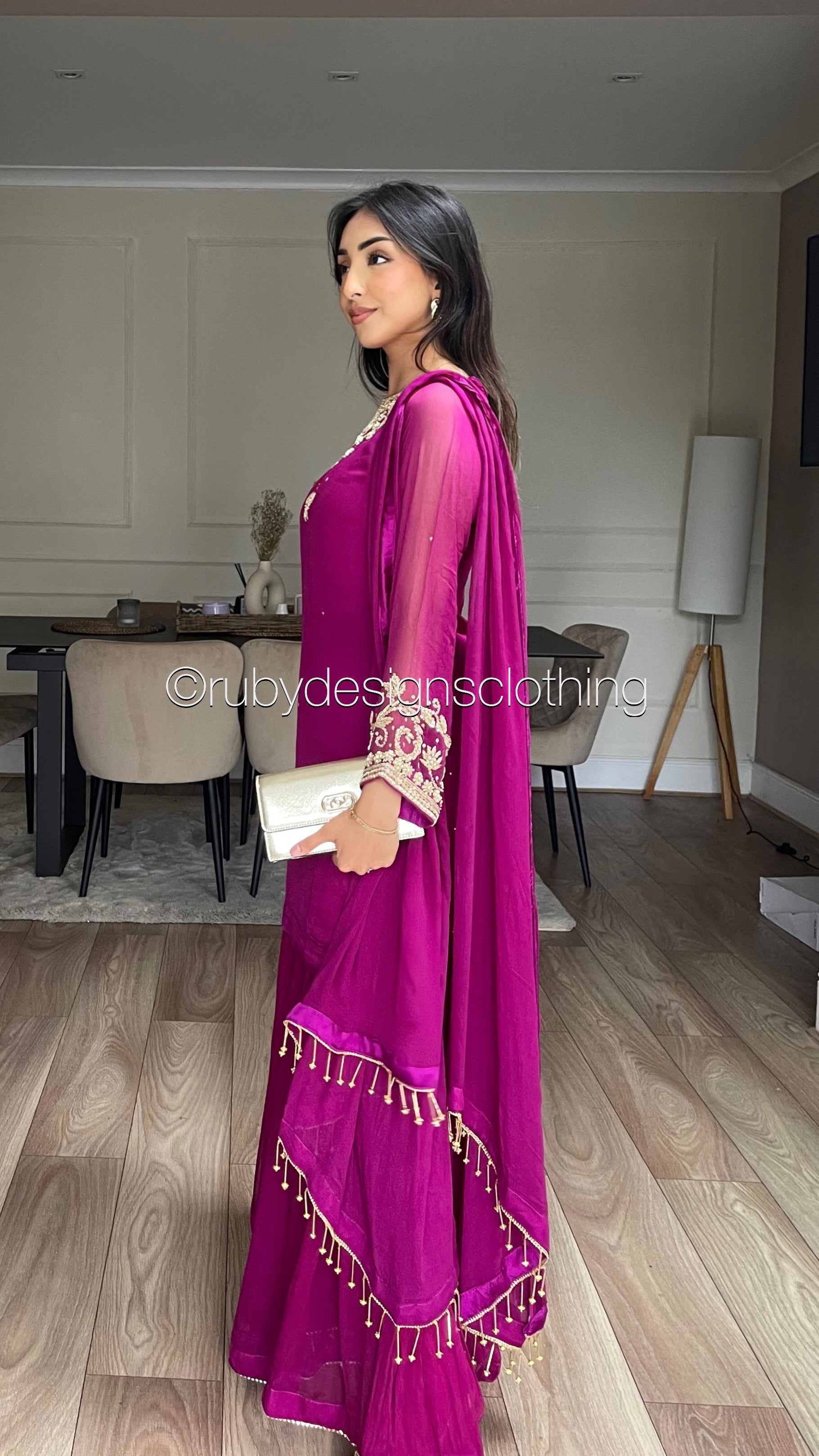 PRE-ORDER ZAINA - 3 Piece Deep Magenta Chiffon Sharara with Gold Handwork (8158985519317)