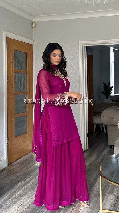 PRE-ORDER ZAINA - 3 Piece Deep Magenta Chiffon Sharara with Gold Handwork (8158985519317)