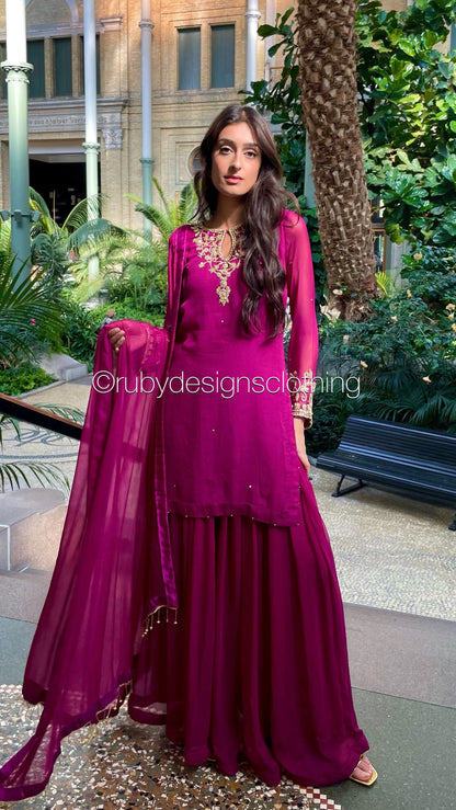 PRE-ORDER ZAINA - 3 Piece Deep Magenta Chiffon Sharara with Gold Handwork (8158985519317)