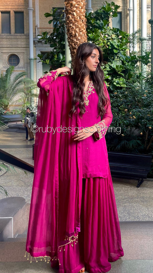 PRE-ORDER ZAINA - 3 Piece Deep Magenta Chiffon Sharara with Gold Handwork (8158985519317)