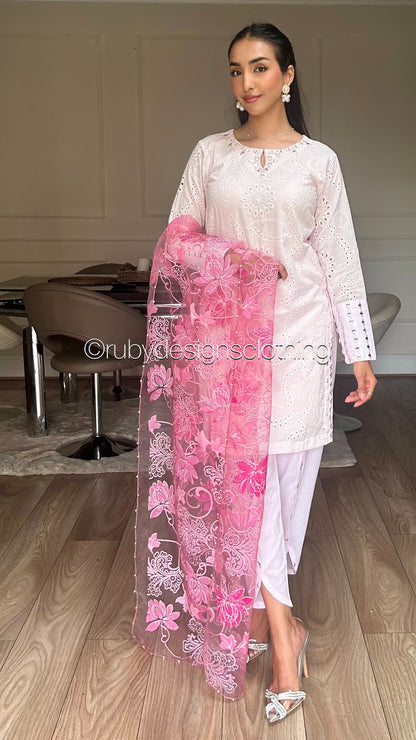 AZRA Pink - 3 Piece Pink Chikankari Suit with Floral Print Organza Dupatta