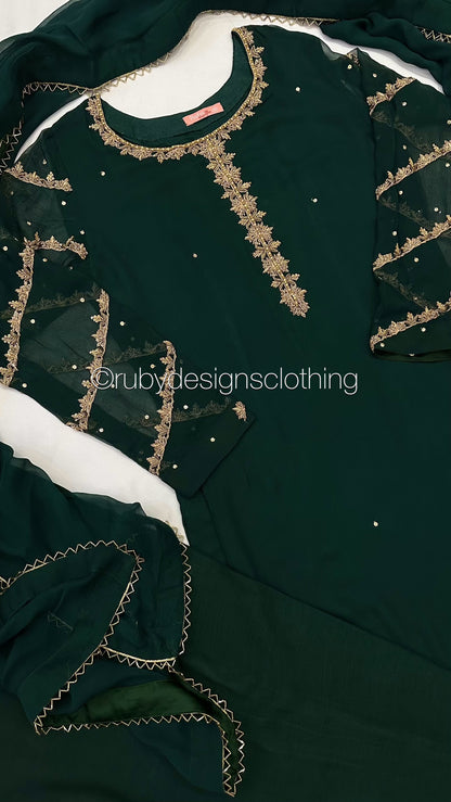 IRHA Emerald - 3 Piece Chiffon Suit with Gold Handwork