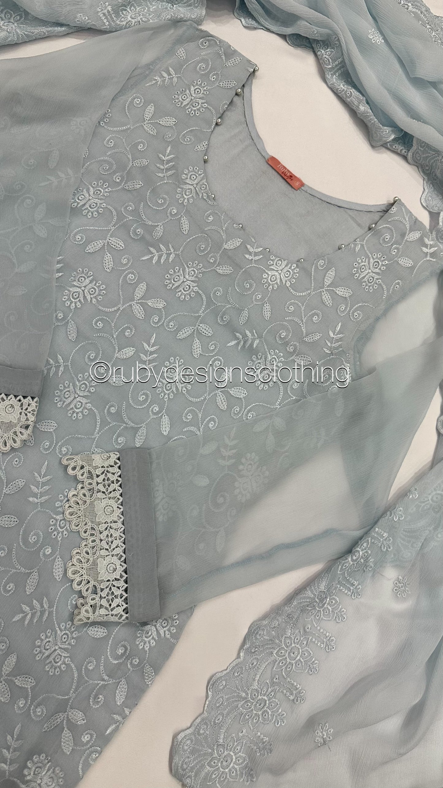 MEHER Blue - 3 Piece Embroidered Chiffon Suit with Cut Out Details